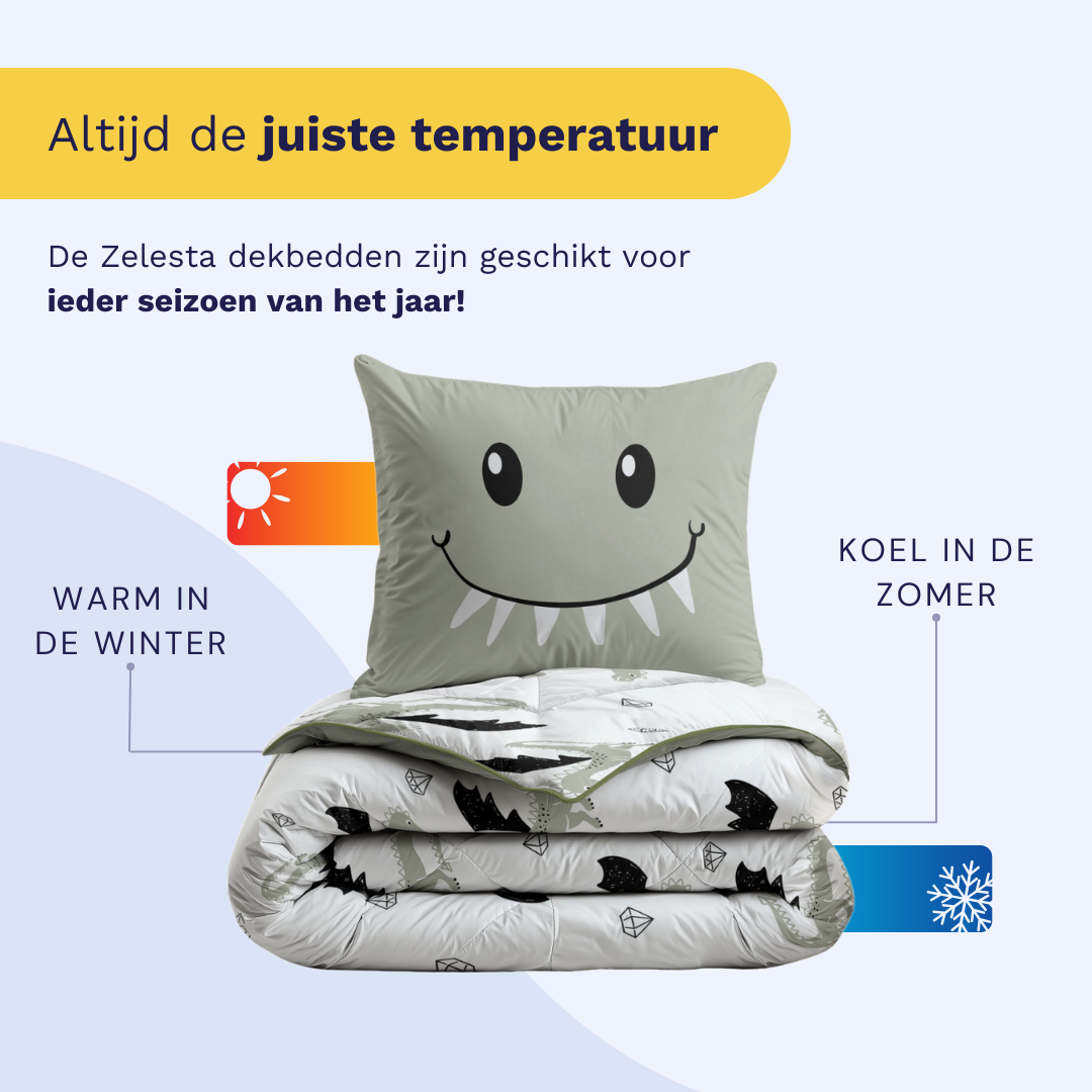 Zelesta Comfort Kids Duvet - Smiling Dragon, lifestyle photo showing the duvet on a neatly made children's bed