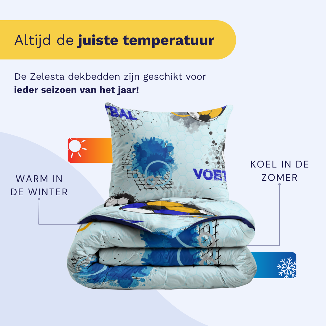 Zelesta Comfort Kids Duvet - Soccer Dream, lifestyle photo showing the duvet on a neatly made children's bed