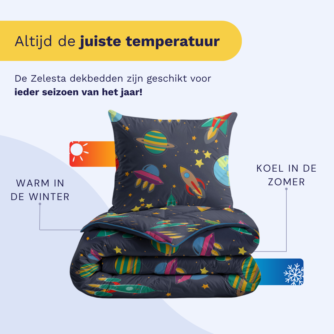 Zelesta Comfort Kids Duvet - Space Dream, lifestyle photo showing the duvet on a neatly made children's bed