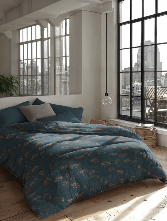 Zelesta Everyday Design Duvet - Majestic, overhead view on a neatly made bed showing the elegant majestic botanical pattern in deep purple and green tones