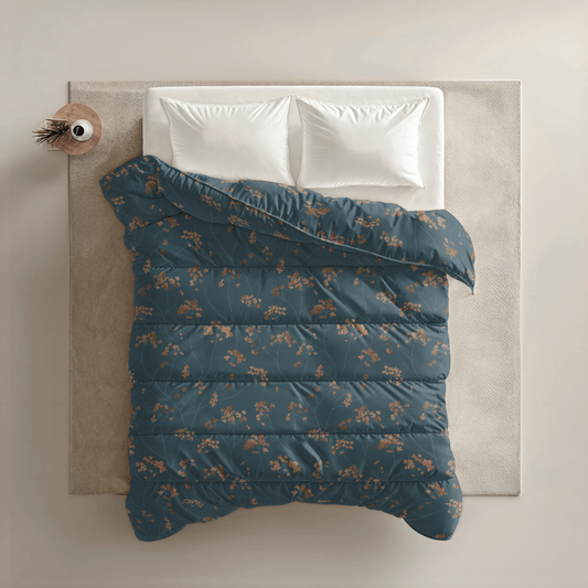 Zelesta Everyday Design Summer Duvet - Majestic, overhead view on a neatly made bed showing the elegant majestic botanical pattern in deep purple and green tones