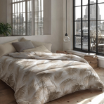 Zelesta Everyday Design Duvet - Palm Leaves, overhead view on a neatly made bed showing the tropical palm leaf print in green and grey tones
