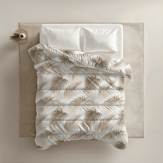 Zelesta Everyday Design Duvet - Palm Leaves, overhead view on a neatly made bed showing the tropical palm leaf print in green and grey tones