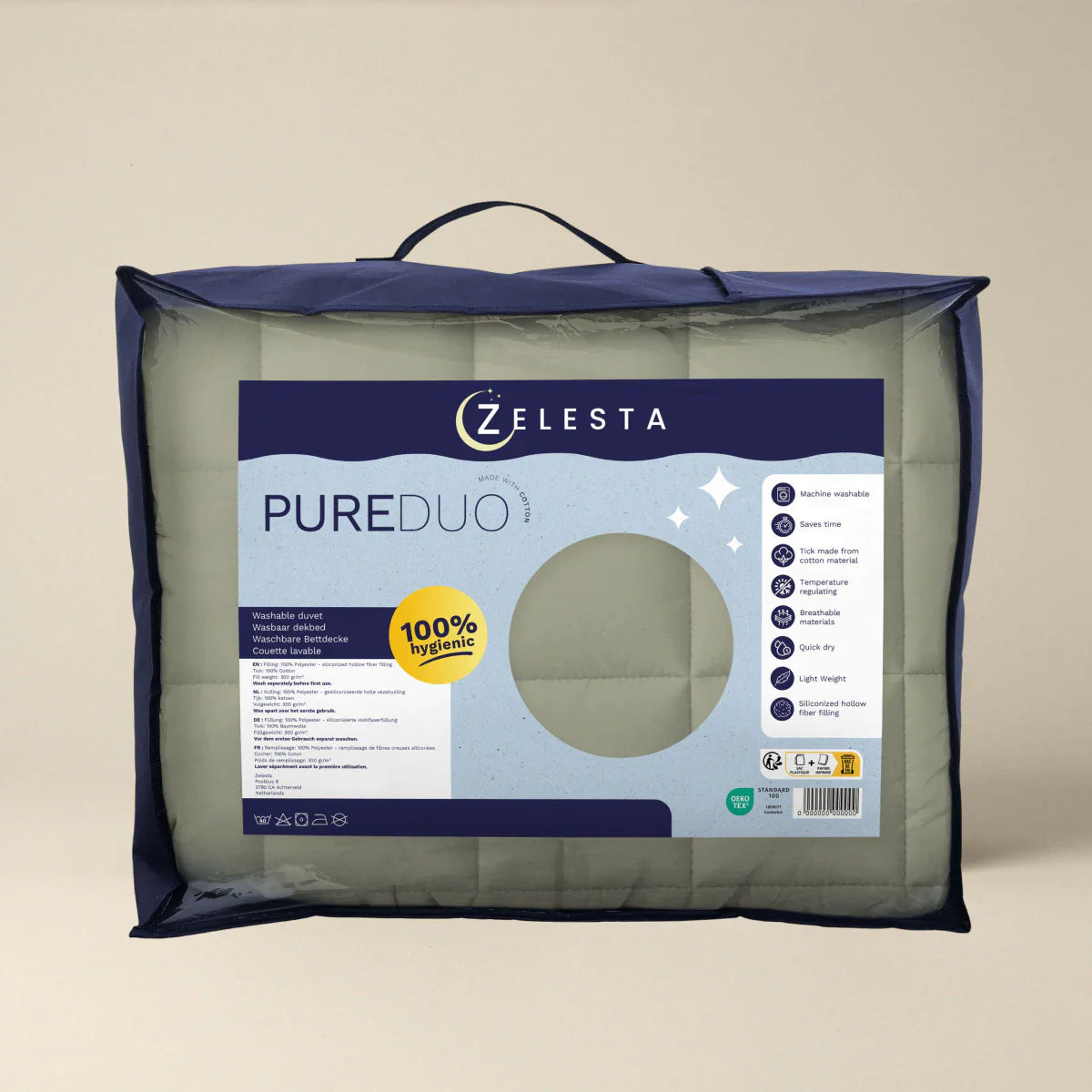 Zelesta Pure Duo Summer Cotton Duvet in Grey-Green & Soft Grey-Green in its Zelesta retail packaging bag