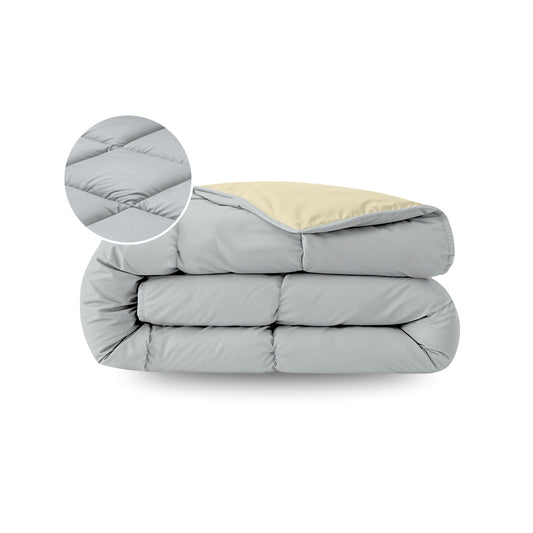 Zelesta Pure Duo Summer Cotton Duvet in Light Grey & Butter Yellow folded on a white background with a zoomed circle showing the soft cotton fabric detail