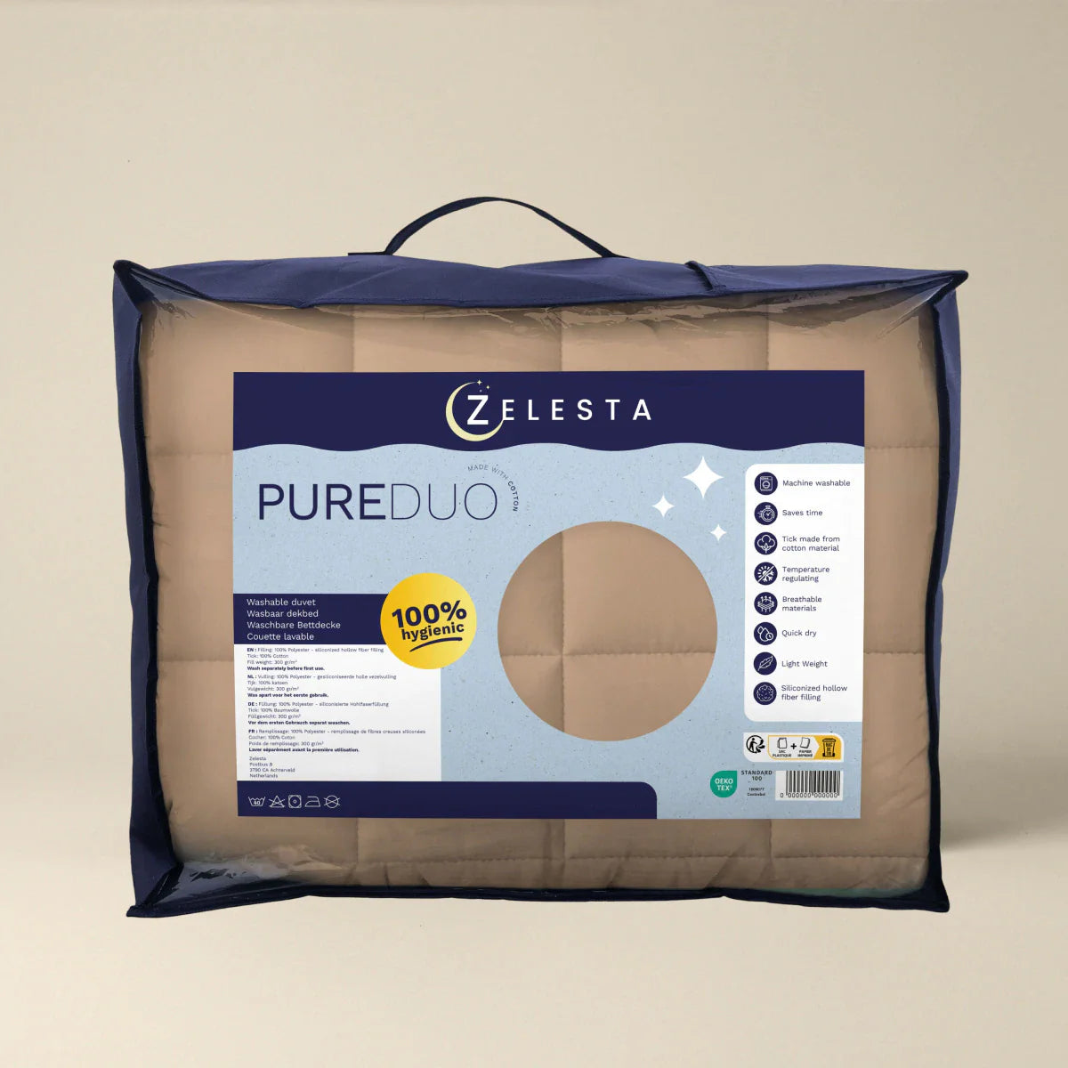 Zelesta Pure Duo Summer Cotton Duvet in Rose Brown & Concrete Brown in its Zelesta retail packaging bag