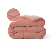 Zelesta Pure Duo Summer Cotton Duvet in Terracotta Pink & Earth Pink folded on a white background with a zoomed circle showing the soft cotton fabric detail