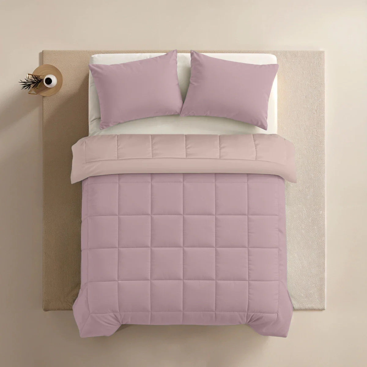 Angled lifestyle bedroom shot with the Zelesta Pure Duo Summer Cotton Duvet in Soft Lilac & Soft Pink and matching pillowcases