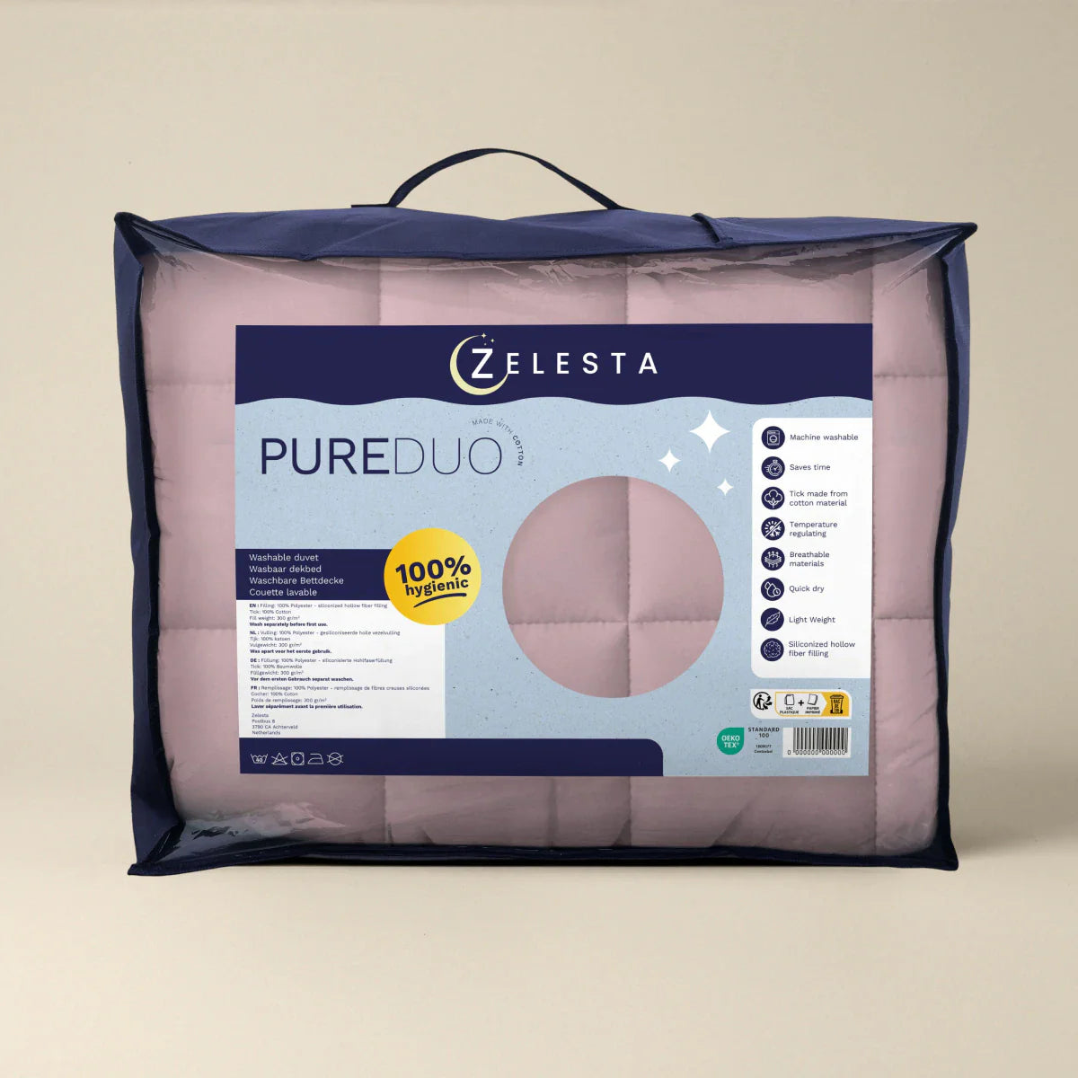Zelesta Pure Duo Cotton Duvet in Soft Purple & Soft Pink in its Zelesta retail packaging bag