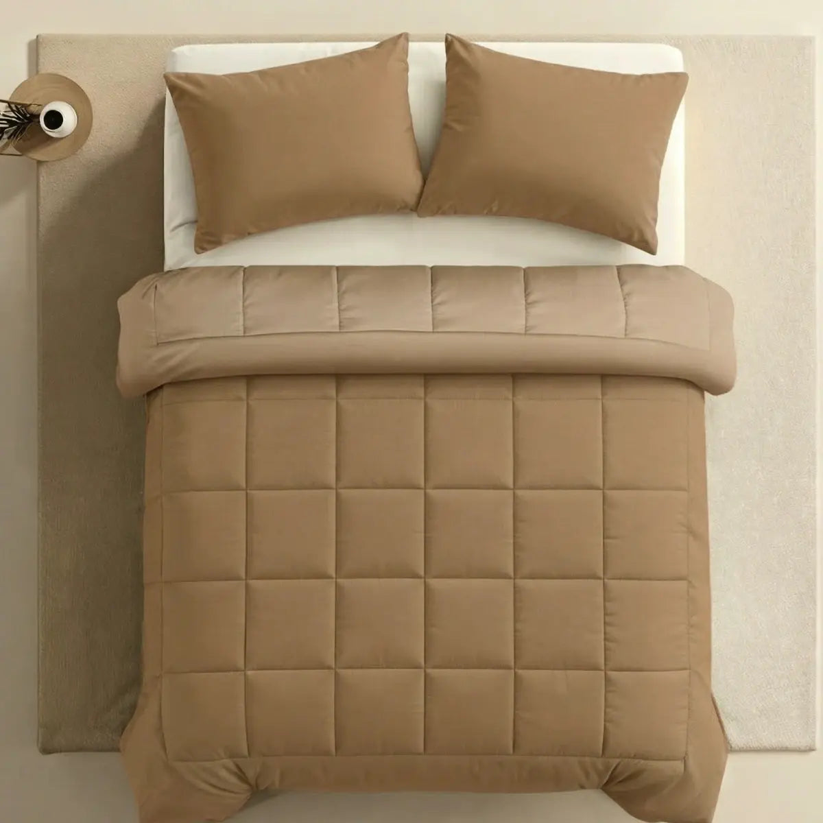 Angled lifestyle bedroom shot with the Zelesta Pure Uni Cotton Duvet in Cocoa Brown and matching pillowcases on a bed