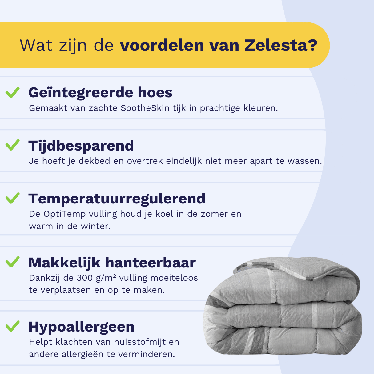 Infographic: the Zelesta Everyday Duvet keeps you warm in winter and cool in summer, suitable for every season