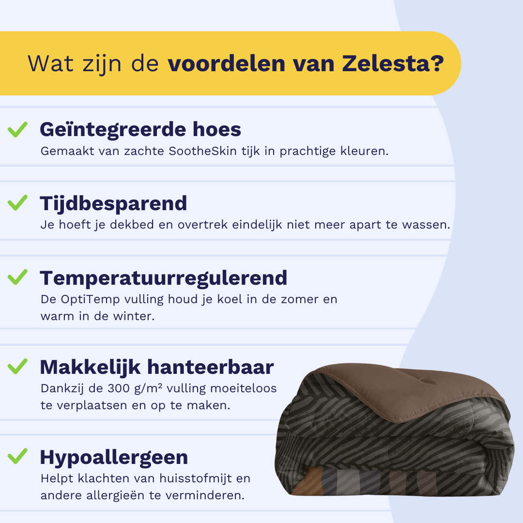 Infographic: the Zelesta Comfort Duvet keeps you warm in winter and cool in summer, suitable for every season