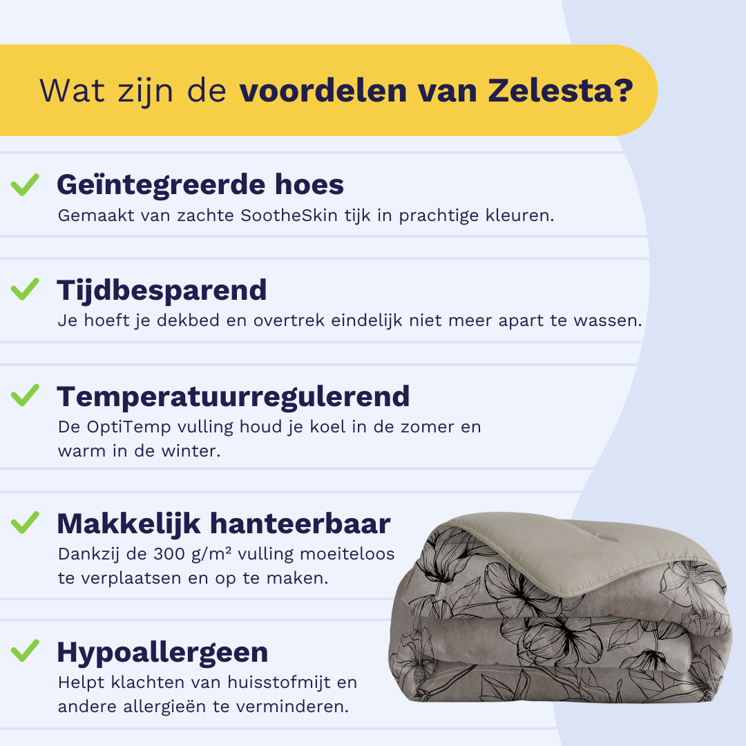 Infographic: the Zelesta Comfort Duvet keeps you warm in winter and cool in summer, suitable for every season
