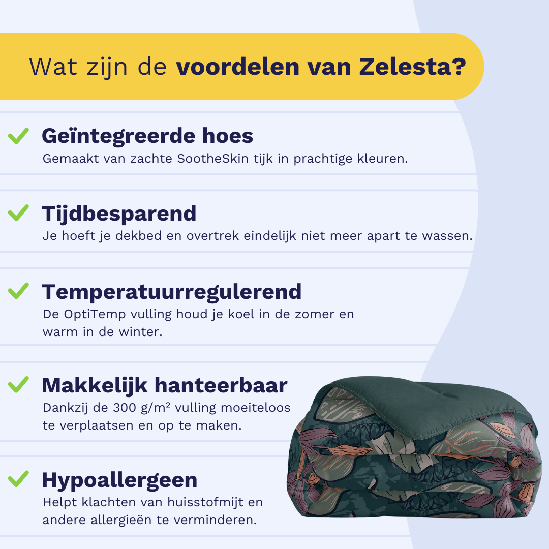 Infographic: the Zelesta Comfort Duvet keeps you warm in winter and cool in summer, suitable for every season
