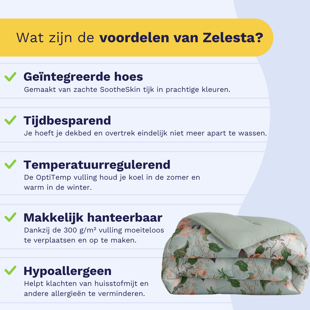 Infographic: the Zelesta Comfort Duvet keeps you warm in winter and cool in summer, suitable for every season