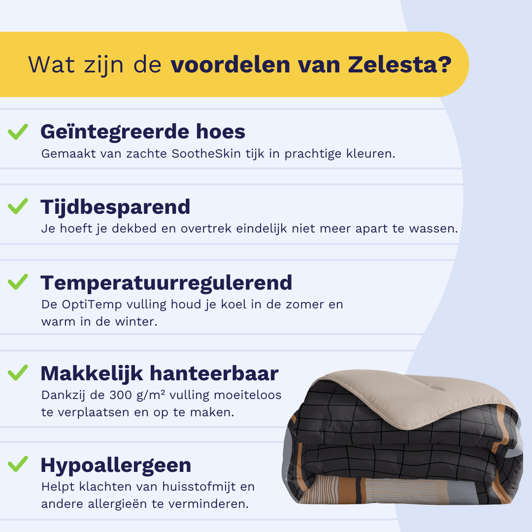 Infographic: the Zelesta Comfort Duvet keeps you warm in winter and cool in summer, suitable for every season