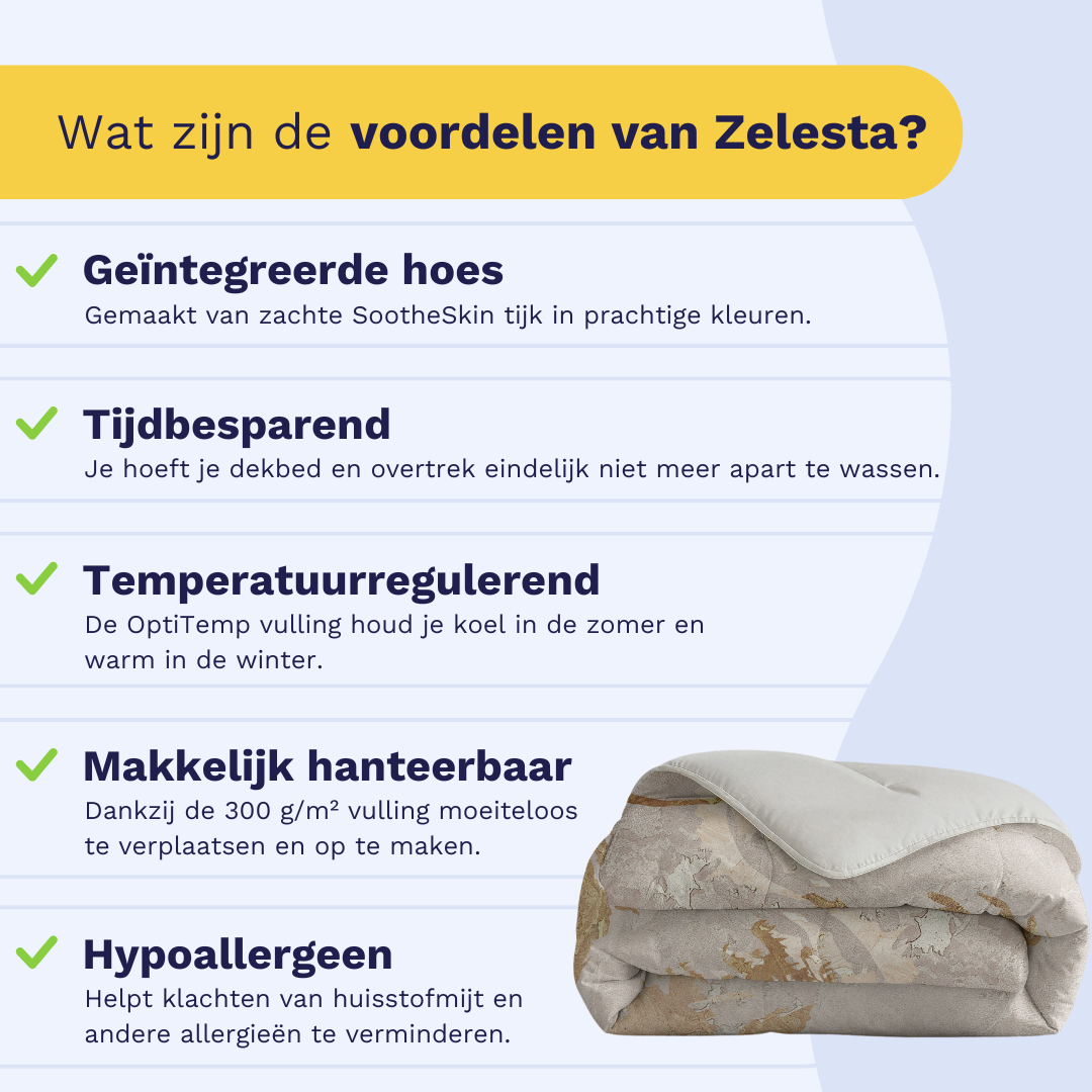 Infographic: the Zelesta Comfort Duvet keeps you warm in winter and cool in summer, suitable for every season