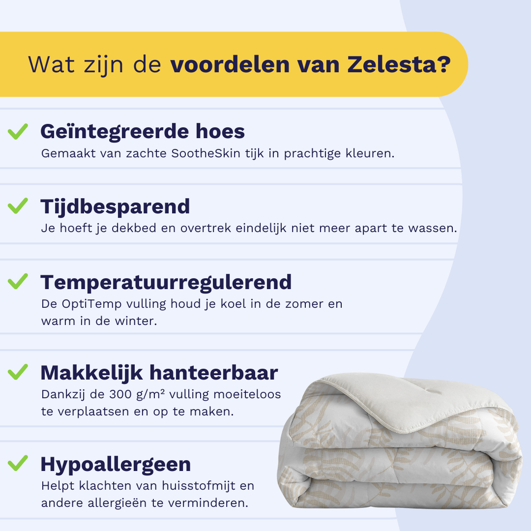 Infographic: the Zelesta Comfort Duvet keeps you warm in winter and cool in summer, suitable for every season