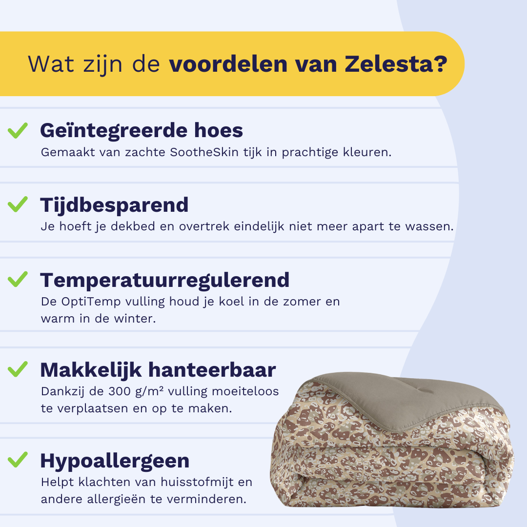 Infographic: the Zelesta Comfort Duvet keeps you warm in winter and cool in summer, suitable for every season
