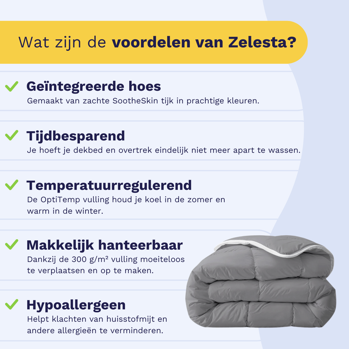 Infographic: the Zelesta Everyday Duvet keeps you warm in winter and cool in summer, suitable for every season