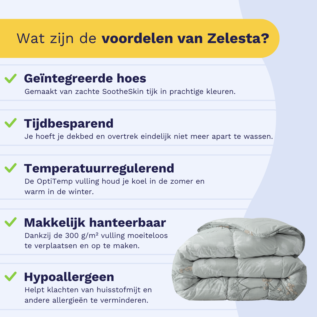 Infographic listing the five benefits of the Zelesta Everyday Duvet: integrated cover, time-saving, temperature regulation, easy to handle, and hypoallergenic