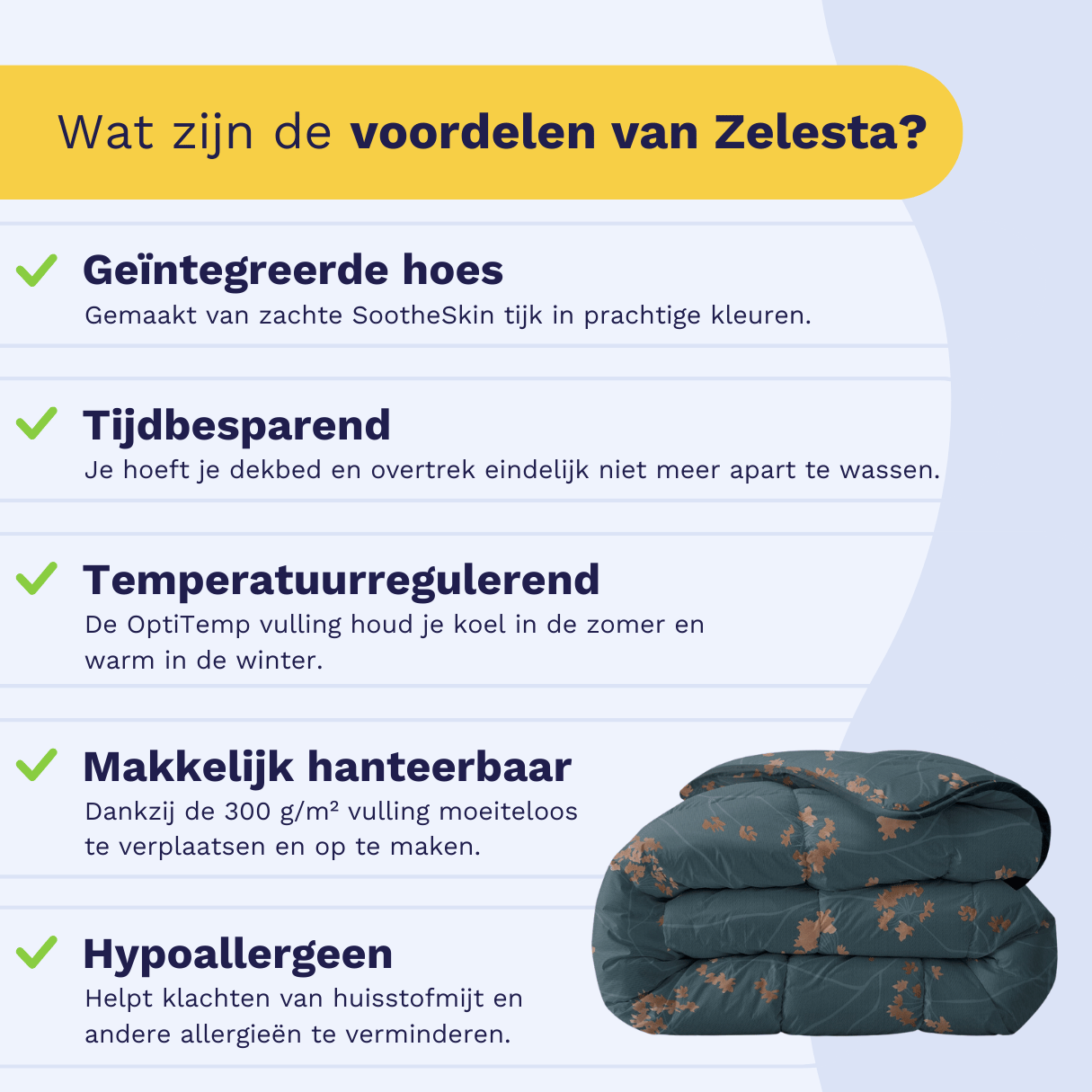 Infographic: the Zelesta Everyday Duvet keeps you warm in winter and cool in summer, suitable for every season