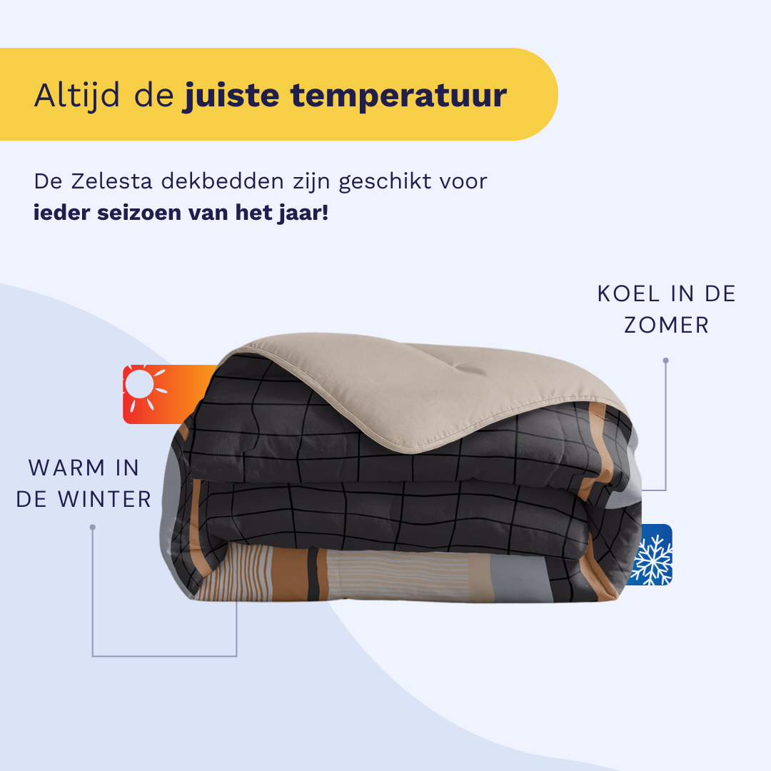 Infographic listing the benefits of the Zelesta Comfort Duvet: integrated cover, time-saving, temperature regulation, easy to handle, and hypoallergenic