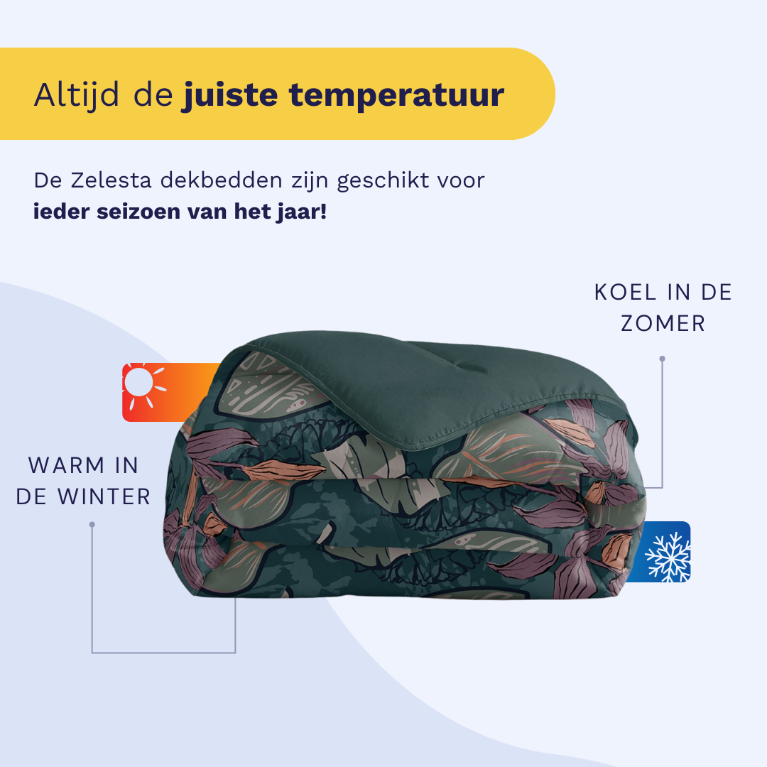 Infographic listing the benefits of the Zelesta Comfort Duvet: integrated cover, time-saving, temperature regulation, easy to handle, and hypoallergenic