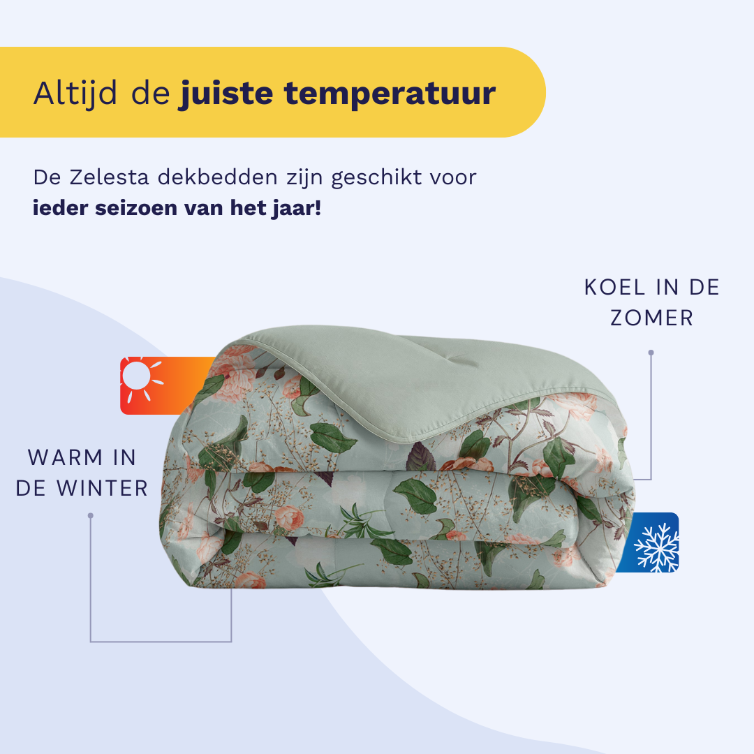 Infographic listing the benefits of the Zelesta Comfort Duvet: integrated cover, time-saving, temperature regulation, easy to handle, and hypoallergenic
