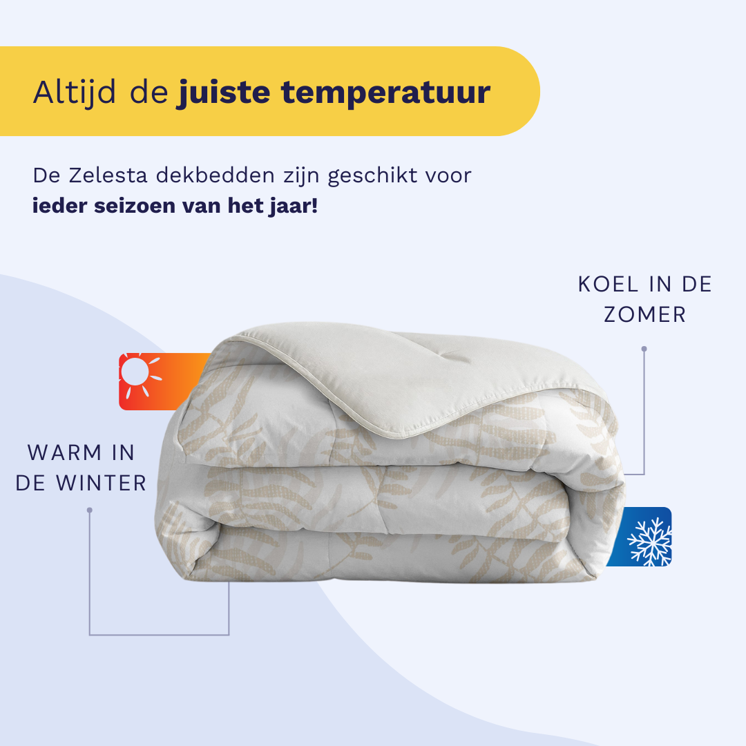 Infographic listing the benefits of the Zelesta Comfort Duvet: integrated cover, time-saving, temperature regulation, easy to handle, and hypoallergenic