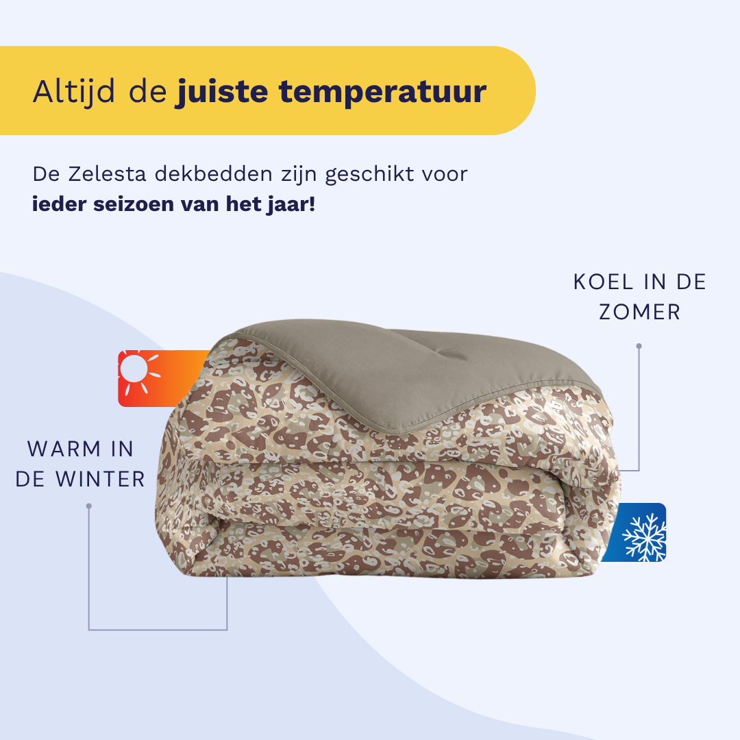 Infographic listing the benefits of the Zelesta Comfort Duvet: integrated cover, time-saving, temperature regulation, easy to handle, and hypoallergenic