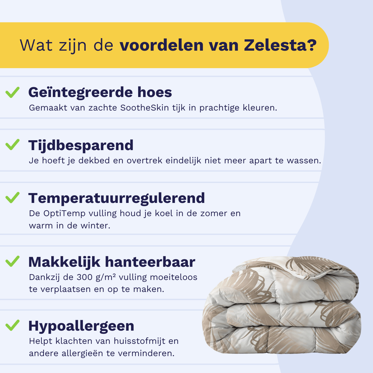 Infographic: the Zelesta Everyday Duvet keeps you warm in winter and cool in summer, suitable for every season