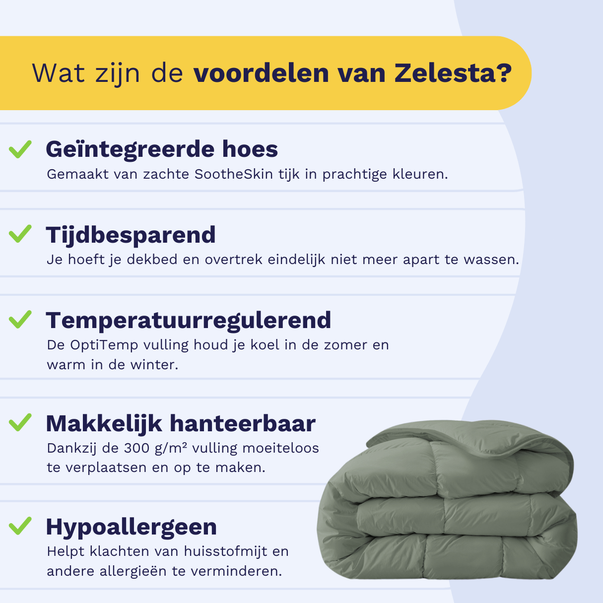 Infographic: the Zelesta Everyday Duvet keeps you warm in winter and cool in summer, suitable for every season