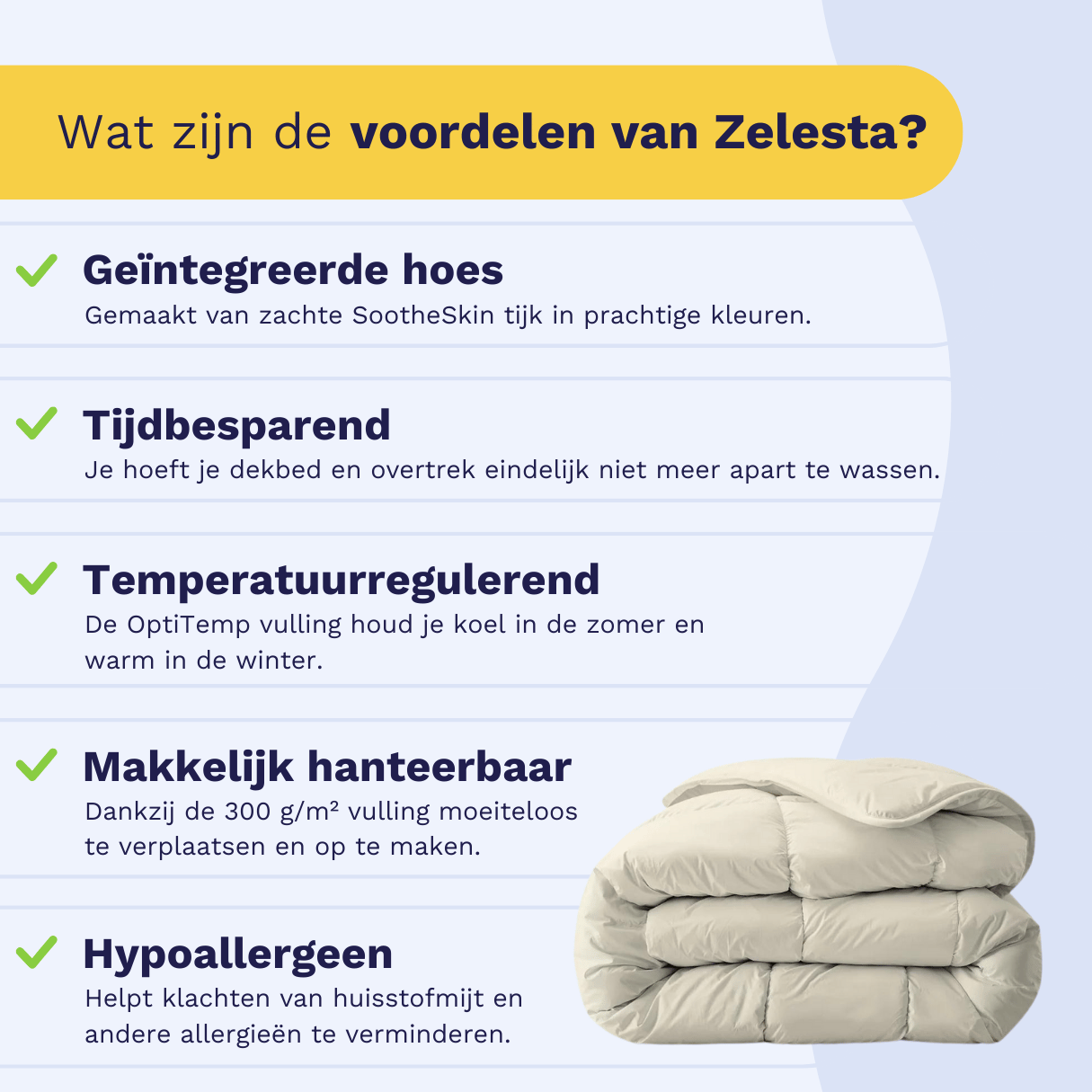 Infographic: the Zelesta Everyday Duvet keeps you warm in winter and cool in summer, suitable for every season