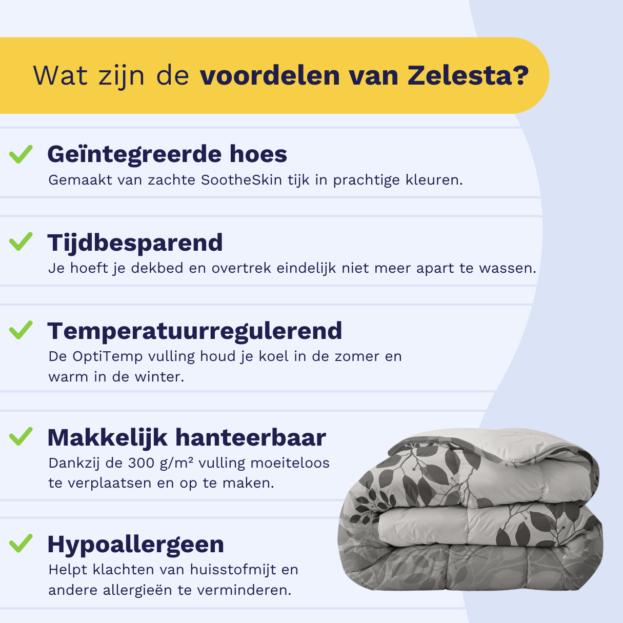 Infographic: the Zelesta Everyday Duvet keeps you warm in winter and cool in summer, suitable for every season