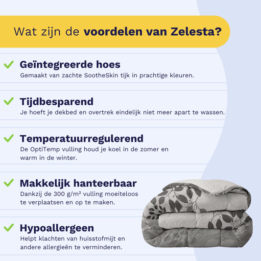Infographic: the Zelesta Everyday Duvet keeps you warm in winter and cool in summer, suitable for every season