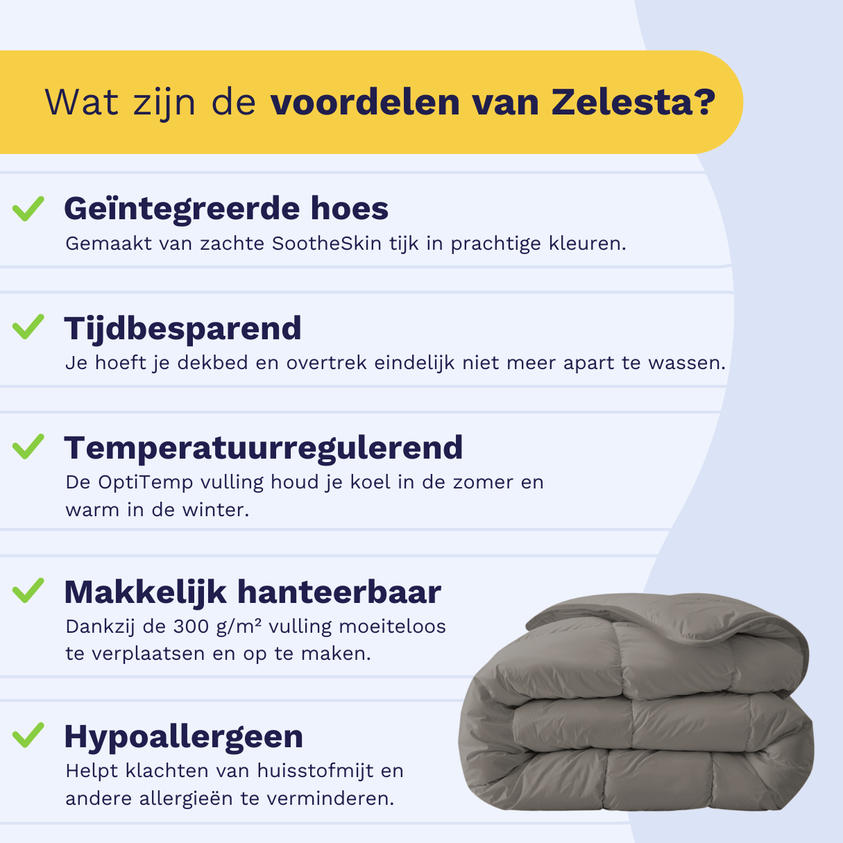 Infographic: the Zelesta Everyday Duvet keeps you warm in winter and cool in summer, suitable for every season