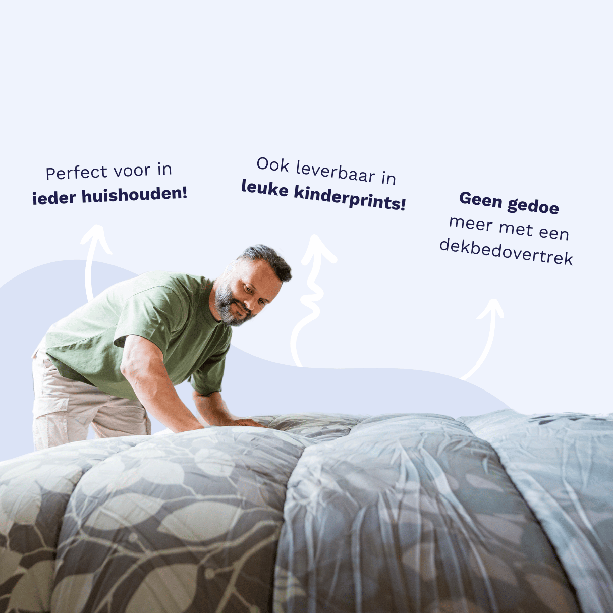Infographic highlighting Zelesta Comfort Duvet features: suitable for every household, available in children's prints, and no separate duvet cover needed