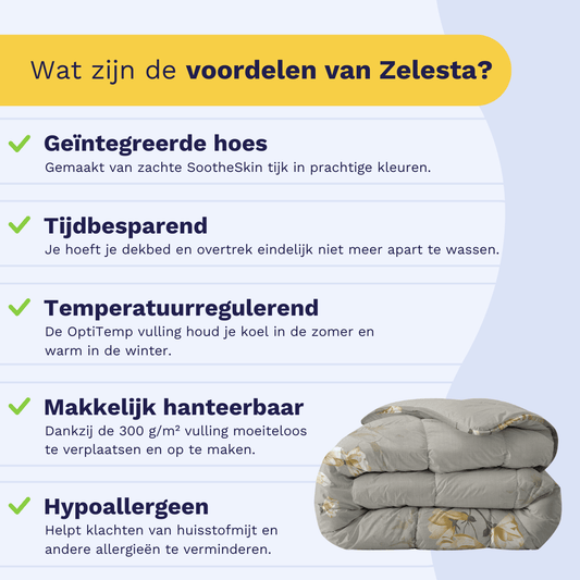 Infographic: the Zelesta Everyday Duvet keeps you warm in winter and cool in summer, suitable for every season