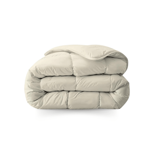 Zelesta Everyday Uni Duvet in Sand Beige, close-up of the folded duvet showing the smooth sand beige microfiber texture