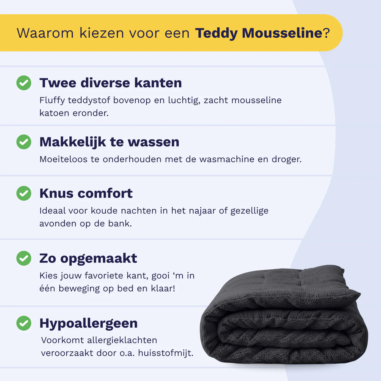 Dutch product infographic for the Zelesta Special Teddy Cotton Muslin Duvet