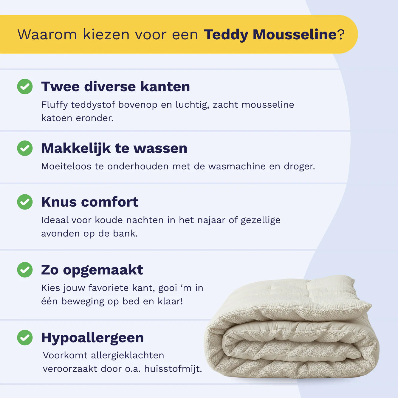 Dutch product infographic for the Zelesta Special Teddy Cotton Muslin Duvet