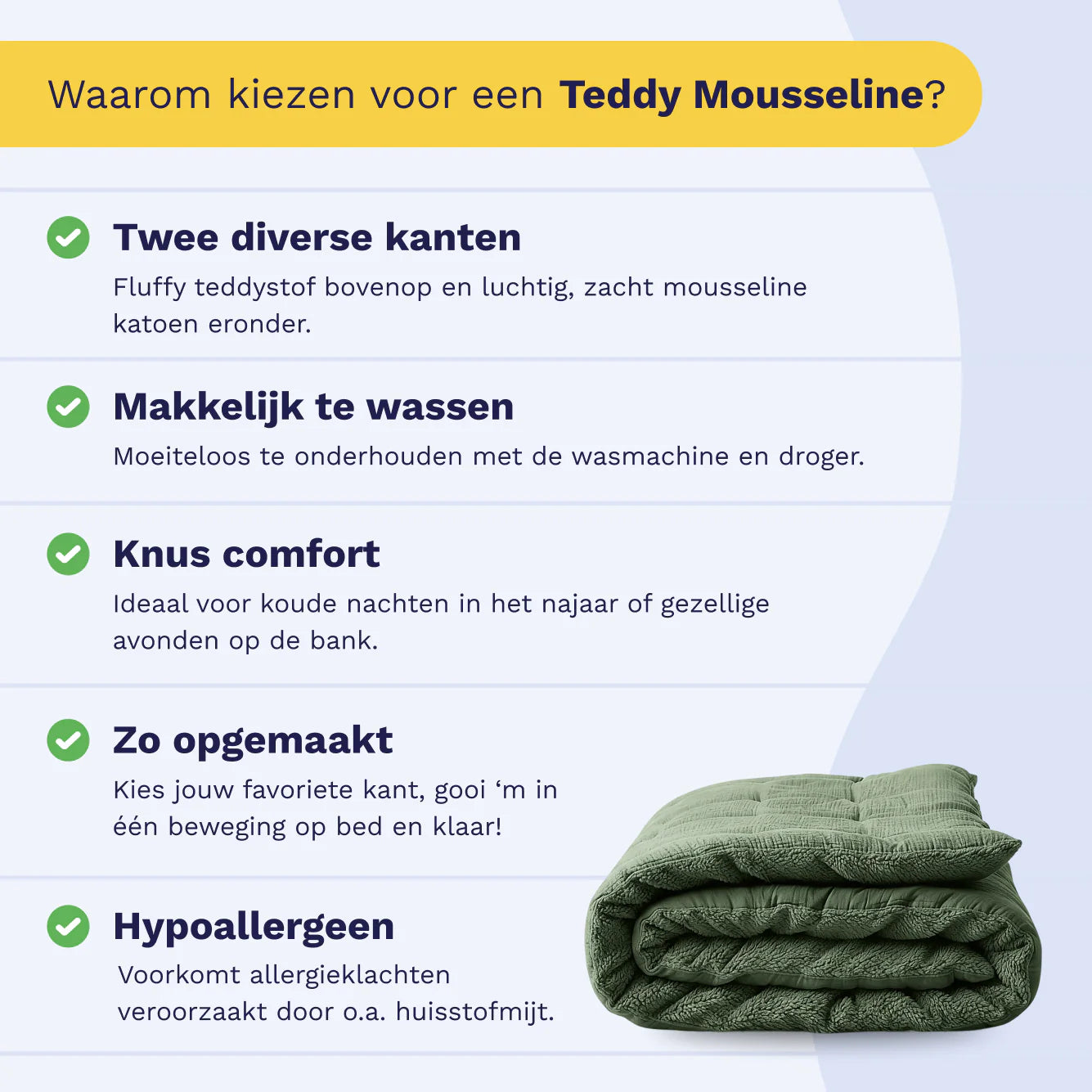 Dutch product infographic for the Zelesta Special Teddy Cotton Muslin Duvet