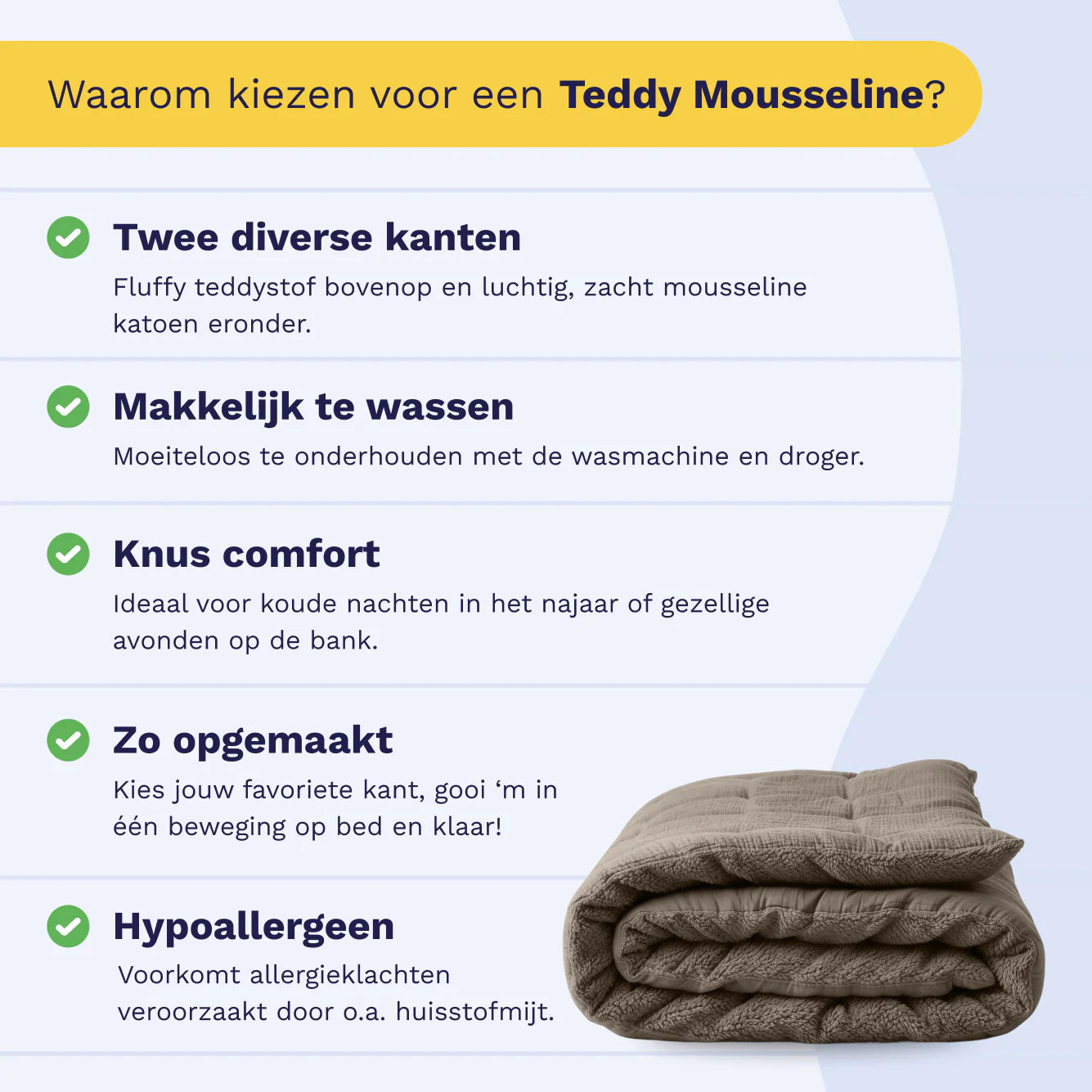 Dutch product infographic for the Zelesta Special Teddy Cotton Muslin Duvet