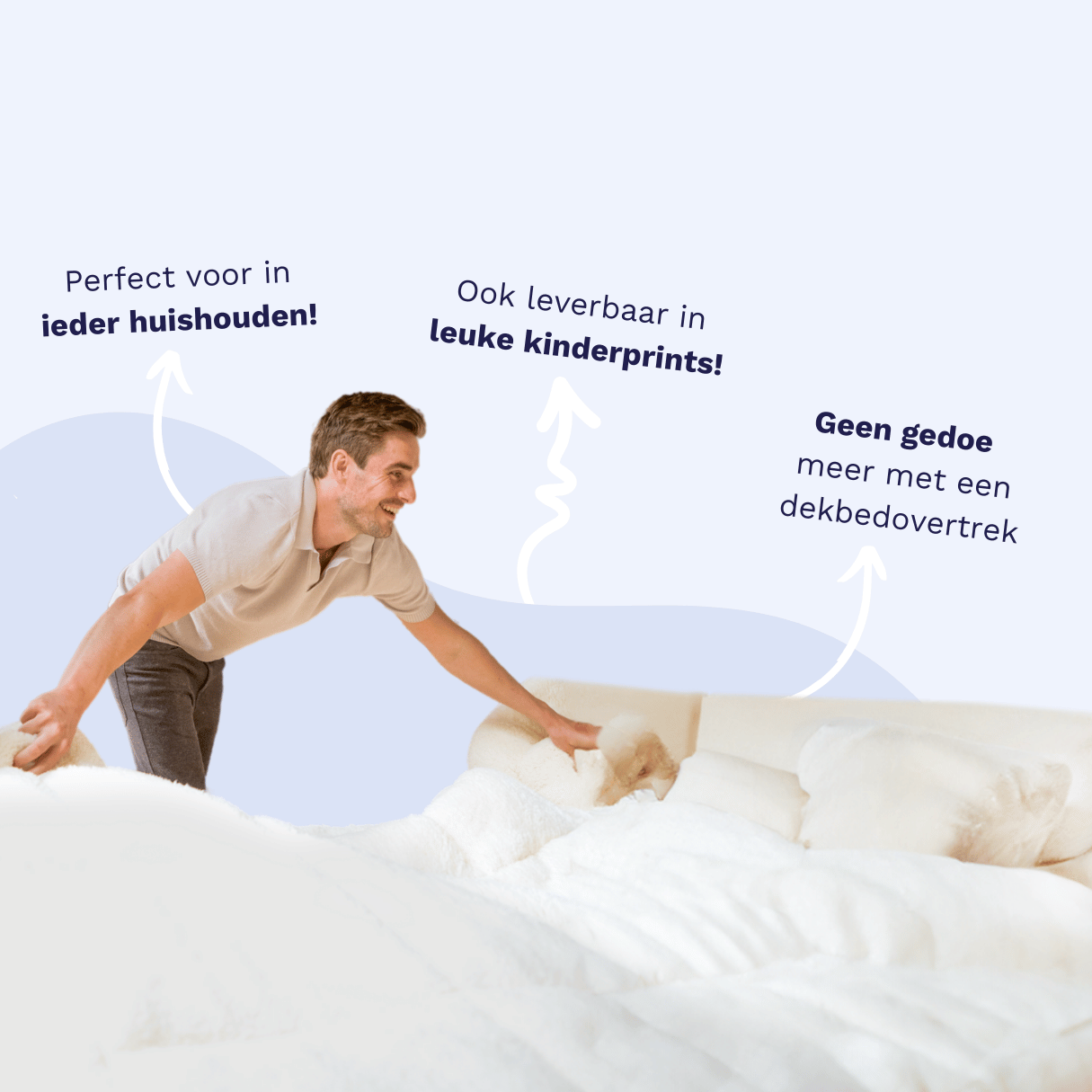 Infographic listing key benefits of the Zelesta Special Teddy Duvet: integrated cover, machine washable, time-saving, and hypoallergenic