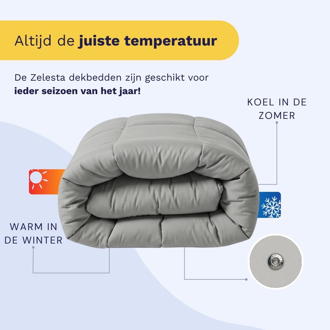 Zelesta Pure Morning Grey Four-Season Cotton Duvet folded on a white background, overhead view