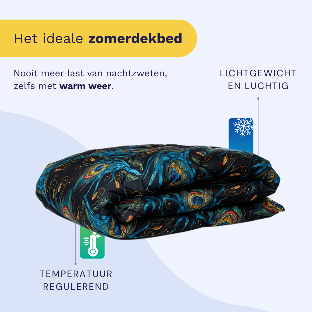Zelesta Comfort Design Summer Duvet - Peacock Feathers, product shot showing the vibrant peacock feather print in teal and gold