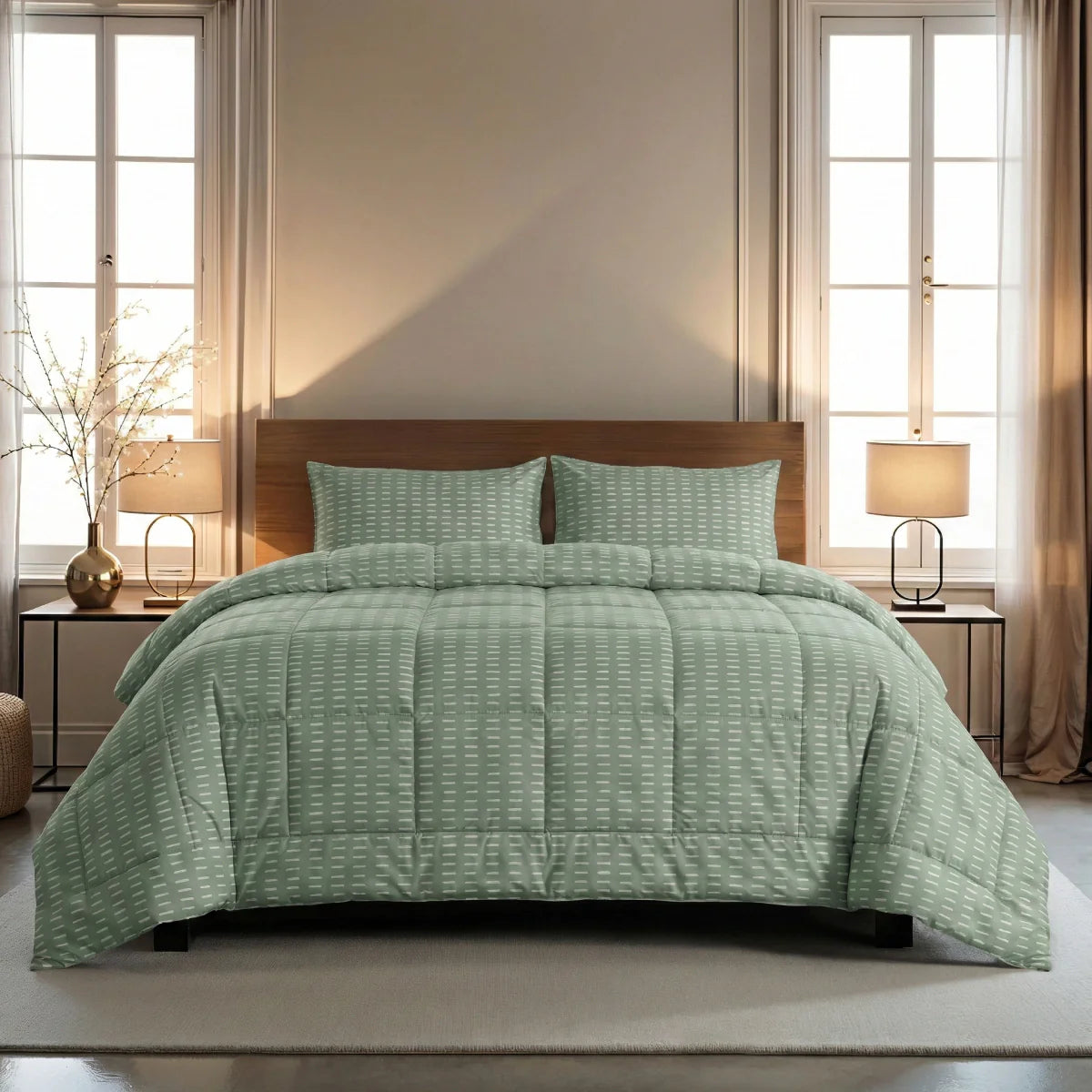 Zelesta Comfort Design Duvet - Olive Stitches styled on a bed in a modern bedroom