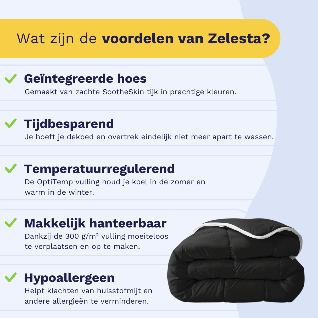 Infographic: the Zelesta Everyday Duvet keeps you warm in winter and cool in summer, suitable for every season