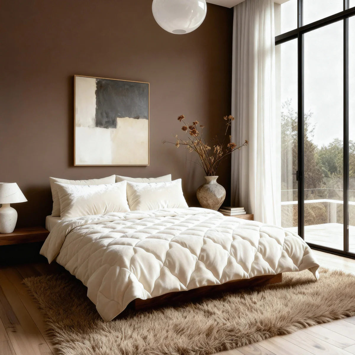 Lifestyle bedroom with the Zelesta Special Flannel Uni Duvet - Beige on a made-up bed in a bright room